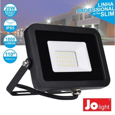 Projetor LED preto com especificações técnicas e logo Jo light