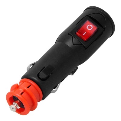 Adaptador elétrico para isqueiro de carro preto e vermelho com botão liga/desliga