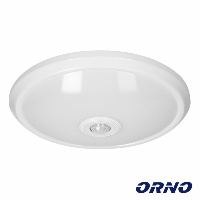 Plafonier redondo branco com sensor de movimento no centro e logótipo ORNO