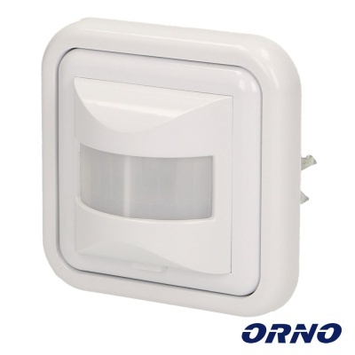 Interruptor de movimento branco com caixa quadrada e sensor, logo ORNO azul