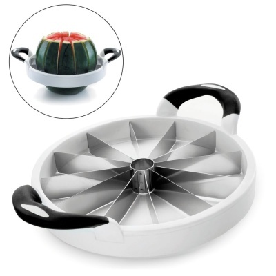 Cortador de frutas em aço inoxidável com cabo preto e branco