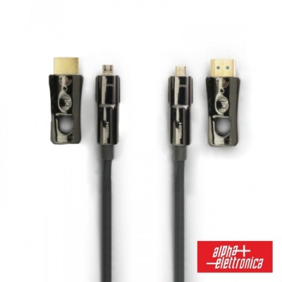 Cabos USB e HDMI com tampas em preto brilhante e logótipo alpha elettronica