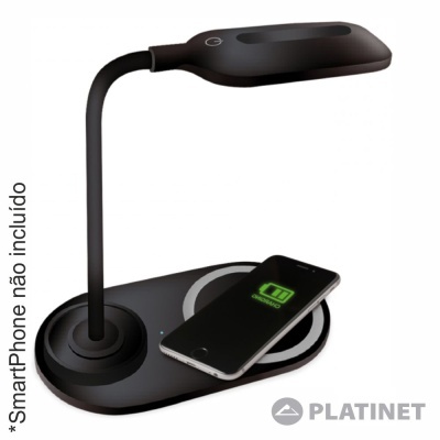 Candeeiro preto com carregador sem fios e smartphone na base