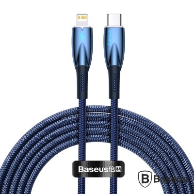 Cabo de carregamento azul com conectores USB-C e Lightning