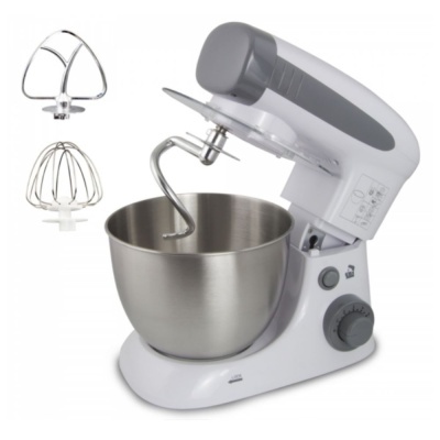 Batedeira elétrica branca com tigela de metal e três batedores