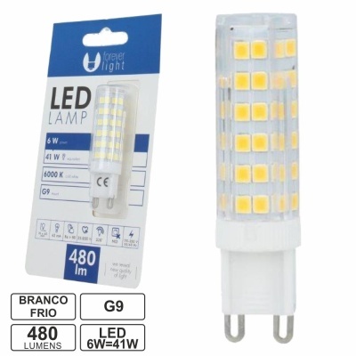 Lâmpada LED G9 6W 480 lúmens luz branco frio na embalagem azul e branca.