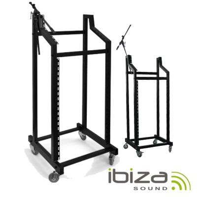 Carrinha preta metálica para equipamentos de som com rodas e logótipo ibiza SOUND