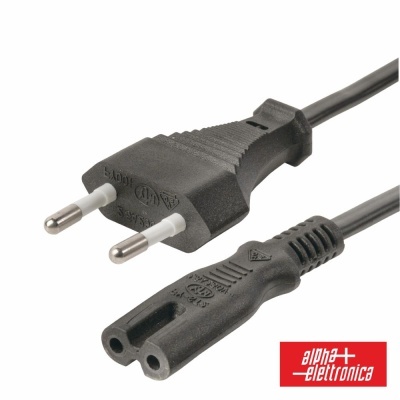 Cabo de alimentação elétrico preto com ficha e conector duplo, logo alpha+ elettronica