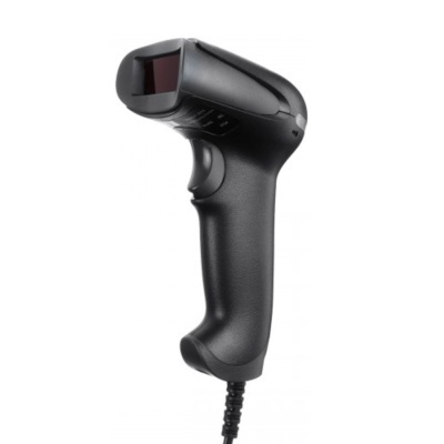 Leitor de código de barras preto com cabo em fundo branco