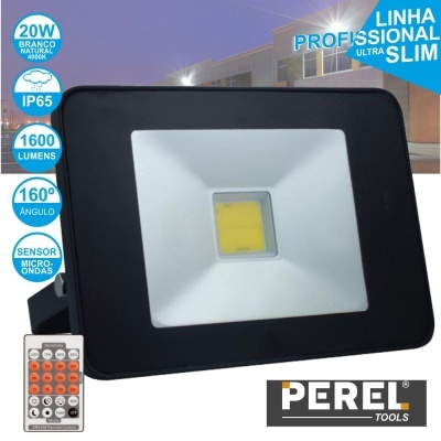 Refletor LED preto com luz central amarela e comando remoto cinzento com botões laranja e branco.