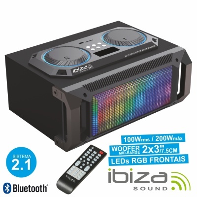 Coluna de som Ibiza Sound preta com LEDs rgb e controlo remoto
