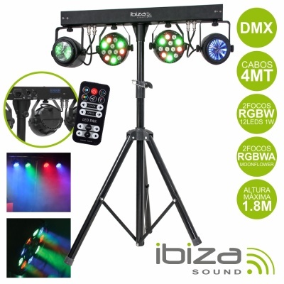Conjunto de iluminação para palco Ibiza Sound com tripé preto, 4 focos LED RGBW e comando remoto, exibido com luzes coloridas em ação