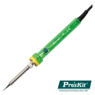 Ferro de soldar verde Pro'sKit com ponta metálica fina, cabo preto e detalhe amarelo