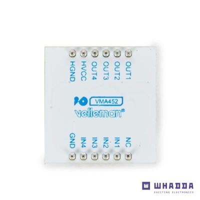 Placa eletrónica branca Velleman VMA452 com pinos e etiquetas azuis