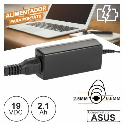 Alimentador portátil preto com cabo para portátil ASUS e especificações 19 VDC 2.1 Ah