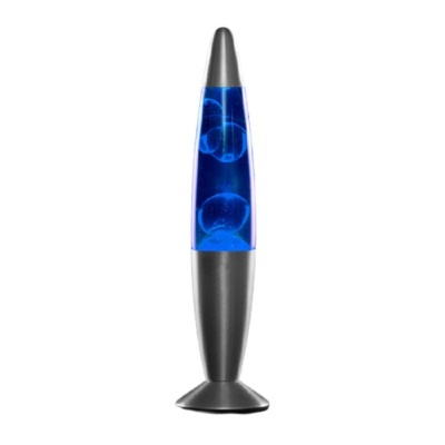 Lava lamp com base e topo cinzentos e líquido azul com bolhas no interior