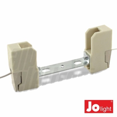 Suporte para lâmpada fluorescente plástico bege com barra metálica e fios brancos, logo Jo light