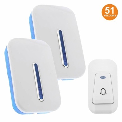 Campainha eletrónica branca com dois dispositivos azuis e botão branco com ícone de campainha e texto 51 MELODIAS