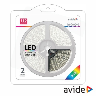 Fita de luz LED RGB avide em embalagem blíster com texto e símbolos coloridos