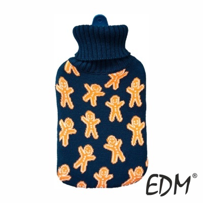 Bolsa de água quente azul com bonecos de gengibre laranja e branca e gola de malha