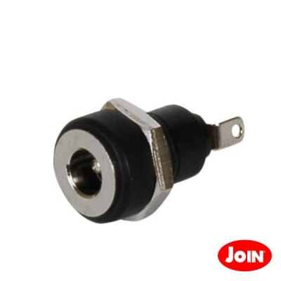 Conector elétrico tipo jack preto com metal prateado e terminal