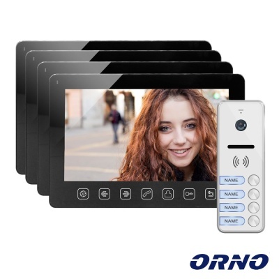Monitor de vídeo intercomunicador preto com painel de porta branco e botões name, logotipo ORNO