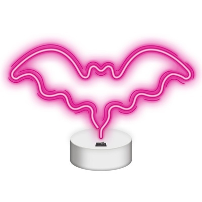 Candeeiro neón em forma de morcego rosa com base branca redonda