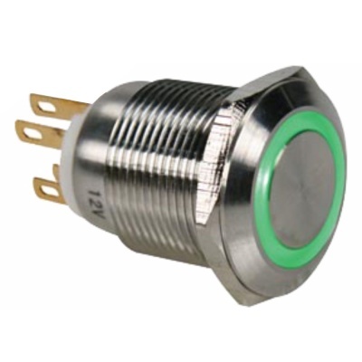 Botão metálico redondo com anel verde e terminais dourados