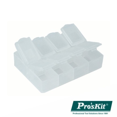 Caixa organizadora plástica translúcida com quatro compartimentos e logo Pro'sKit