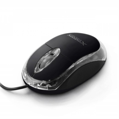 Rato de computador preto com detalhes transparentes e cabo