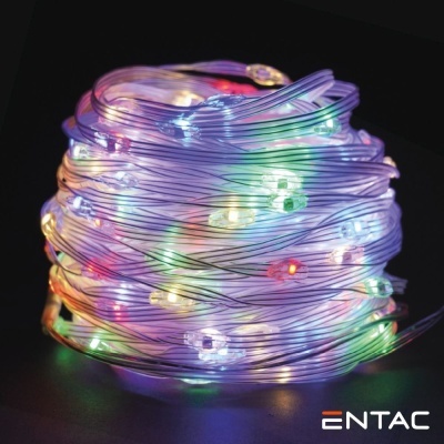 Cabo de luz LED colorido enrolado com fundo preto e logotipo ENTAC