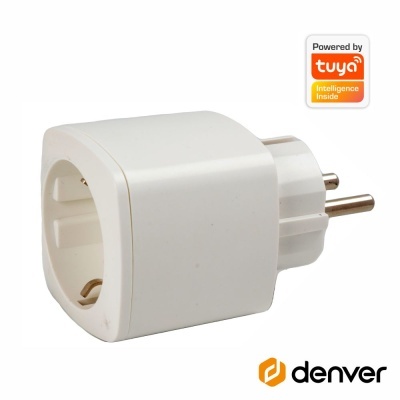 Adaptador elétrico branco com ficha europeia e selo Tuya