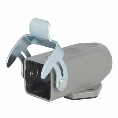 Conector metálico cinzento com fecho de mola prateado e base para fixação