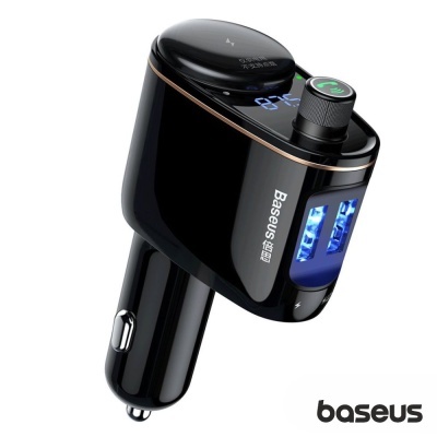 Carregador automóvel Baseus preto com USB azuis e visor digital