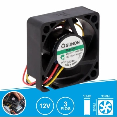 Ventoinha de refrigeração preta Sunon MagLev com fios coloridos e etiqueta no centro