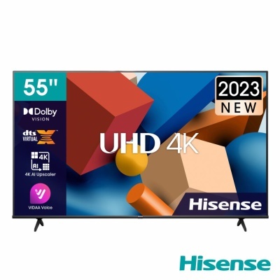 Televisor Hisense 55 polegadas UHD 4K com etiquetas de funcionalidades e selo 2023