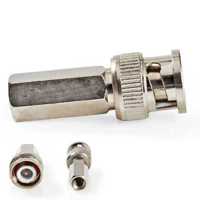 Adaptador de conector BNC metálico com rosca e base hexagonal prateada