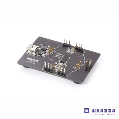 Placa eletrónica Velleman preta com conectores USB e pinos dourados