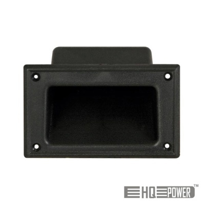 Caixa retangular preta com furos para parafusos e marca HQPOWER