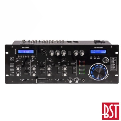 Mesa de mistura profissional preto com ecrãs azuis e controlos diversos