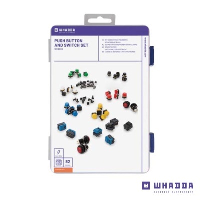 Conjunto de botões e interruptores WHADDA em várias cores numa embalagem branca.