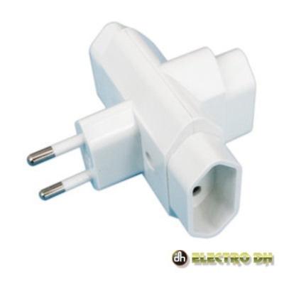 Adaptador elétrico branco com três entradas e dois pinos tipo europeu