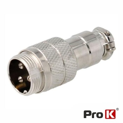 Conector metálico prateado com três pinos e anilha de aperto