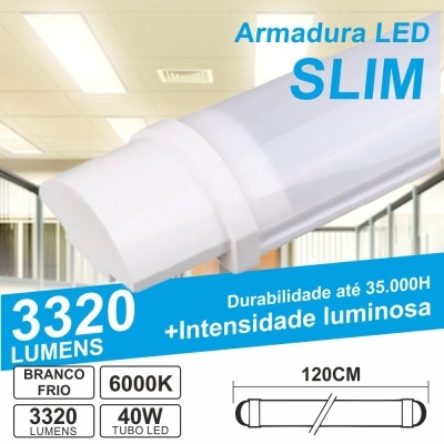 Lâmpada tubular LED branca slim com especificações técnicas em português