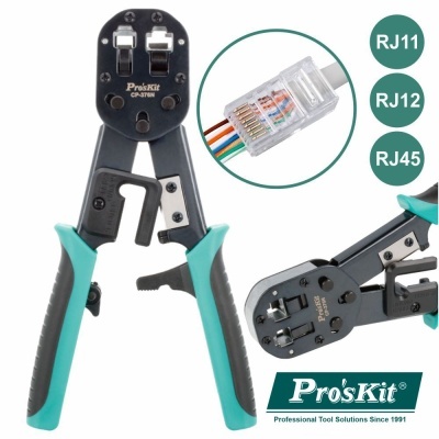Alicate para crimpar cabos de rede Pro'sKit modelo CP-376N com punhos verde e preto