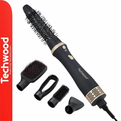 Escova elétrica de cabelo preta com acessórios da marca Techwood