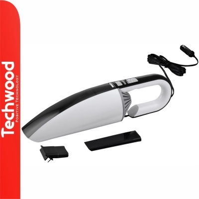 Aspirador portátil Techwood branco e preto com acessórios ao lado