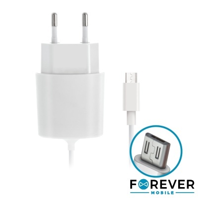 Carregador móvel branco com conector Micro USB e logótipo Forever Mobile