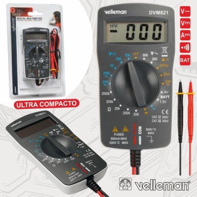 Multímetro digital Velleman DVM821 com mostrador LCD, botões rotativos e sondas, embalagem transparente