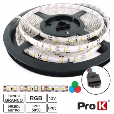 Rolo de fita LED RGB com base branca e suporte preto